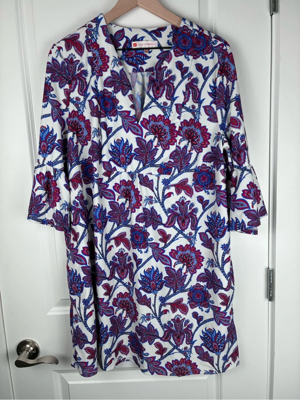 Jude Connally Kerry Dress Americana Floral V-Neck Bell Sleeves Dress Size XL